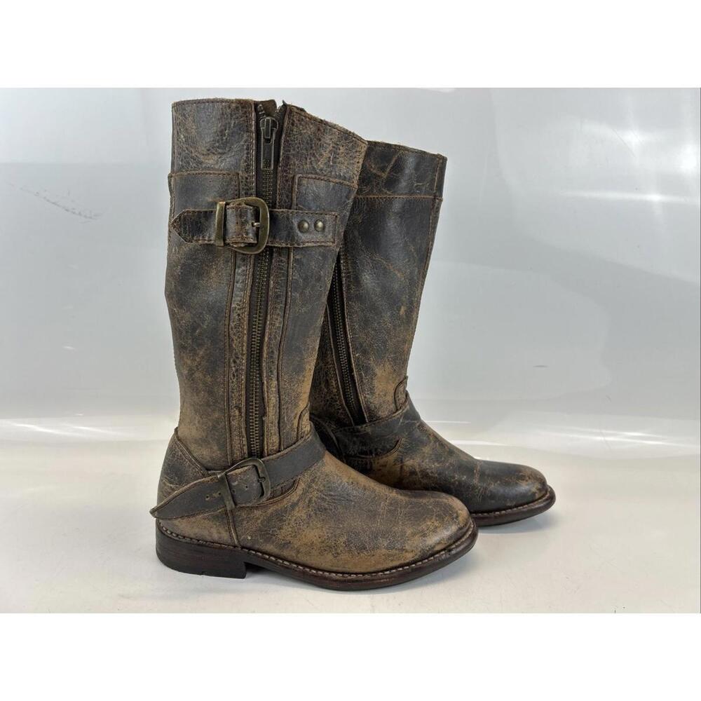 Bed Stu Gogo Lug Tall Leather Boots Brown Rustic Distressed Buckle Size 6.5